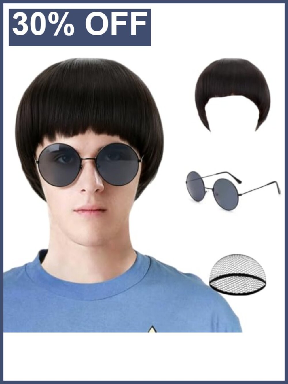 Bowl Cut Wig Set with Round Sunglasses Heat Resistant Tangle Free Costume